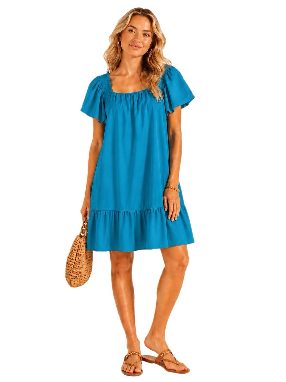 Karlie 100% Cotton Teal Square Neck Ruffle-Hem Mini Dress Size L